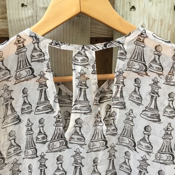 Chess print handmade sheer cream blouse - size S - Picture 5 of 5